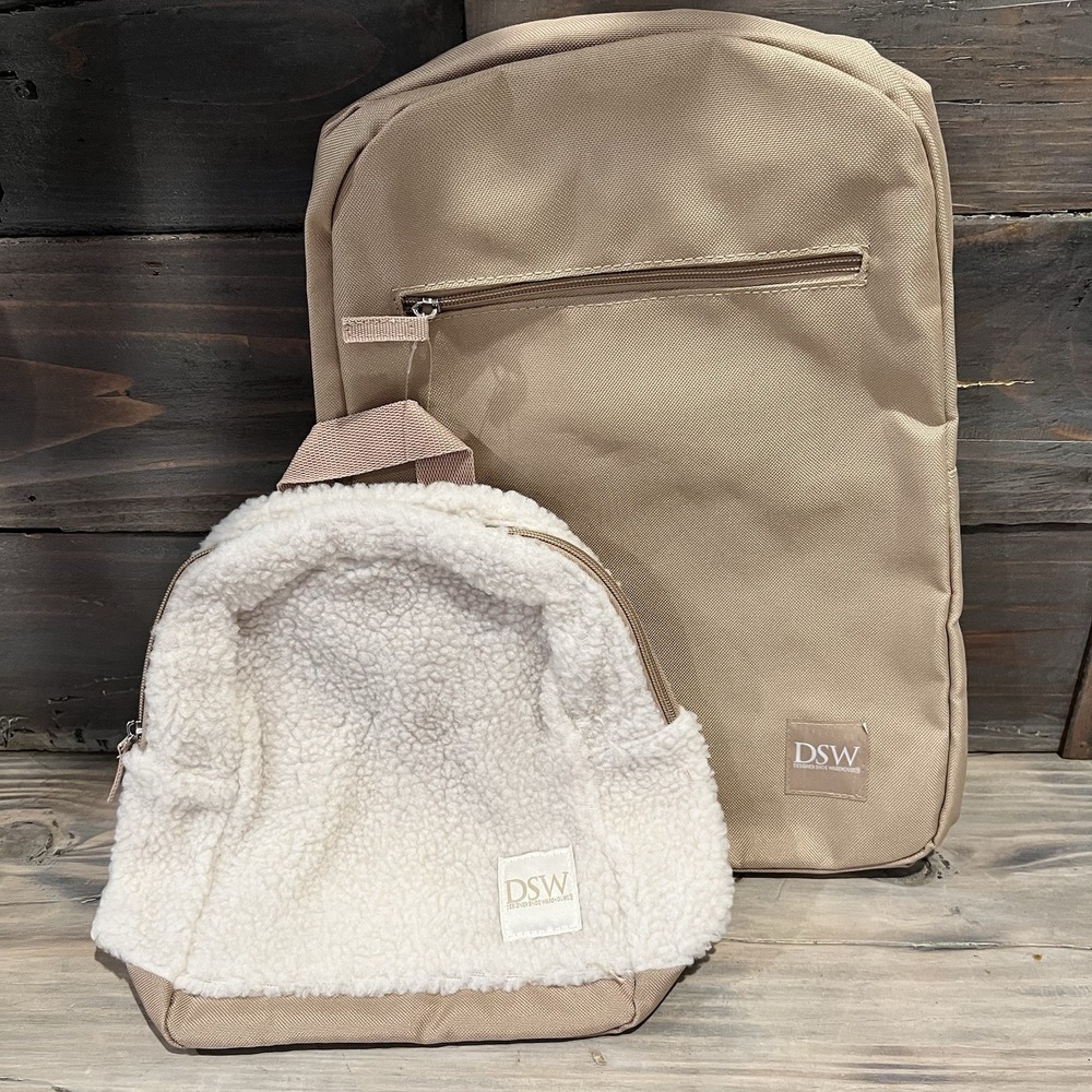 Backpack DSW Dual Shoulder Strap Sherpa Beige/Tan 2 Piece Set NEW!!